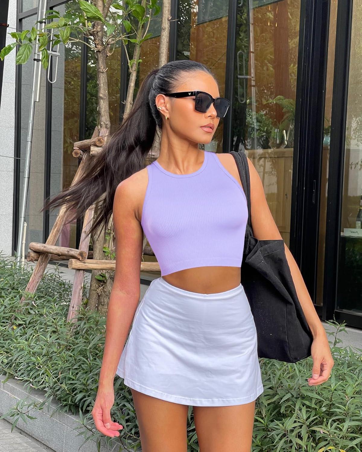 imageOLCHEE Womens 3 Pack Crop Tank Tops Basic Seamless Ribbed Round High Neck Racerback Workout Top Summer Causal Yoga Gym ShirtsBeige Light Blue Lavender