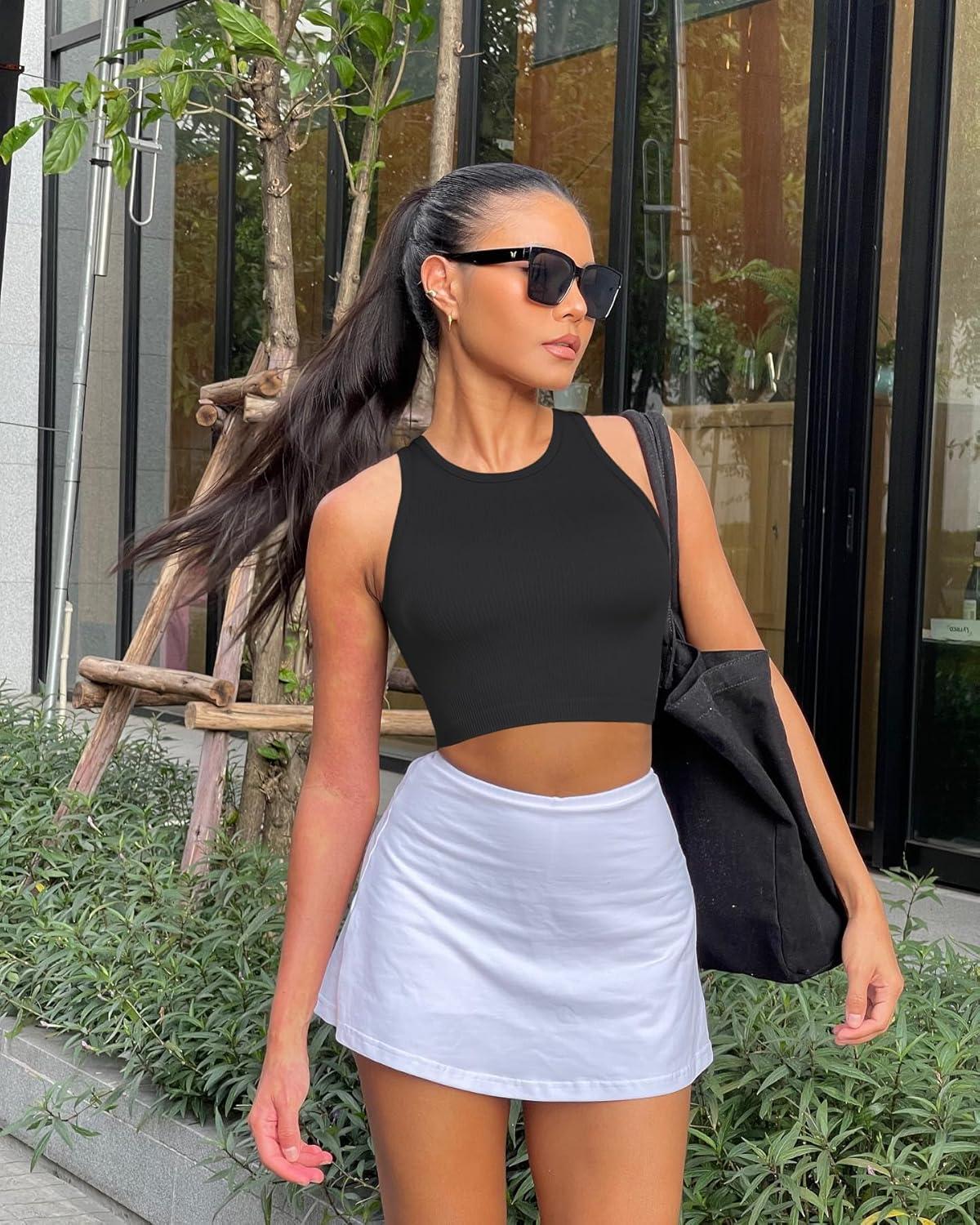 imageOLCHEE Womens 3 Pack Crop Tank Tops Basic Seamless Ribbed Round High Neck Racerback Workout Top Summer Causal Yoga Gym ShirtsBlack Beige Light Blue