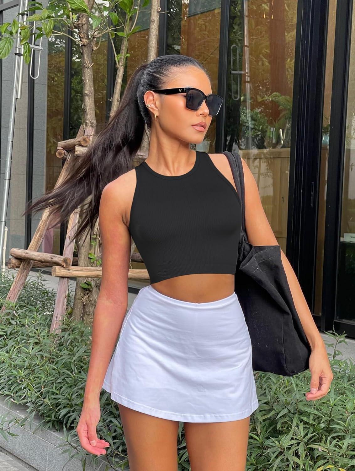 imageOLCHEE Womens 3 Pack Crop Tank Tops Basic Seamless Ribbed Round High Neck Racerback Workout Top Summer Causal Yoga Gym ShirtsBlack Beige Light Grey