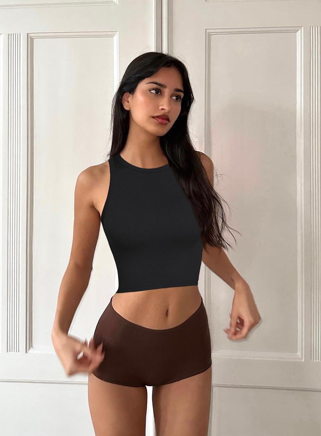 imageOLCHEE Womens 3 Pack Crop Tank Tops Basic Seamless Ribbed Round High Neck Racerback Workout Top Summer Causal Yoga Gym ShirtsBlack Beige Light Grey