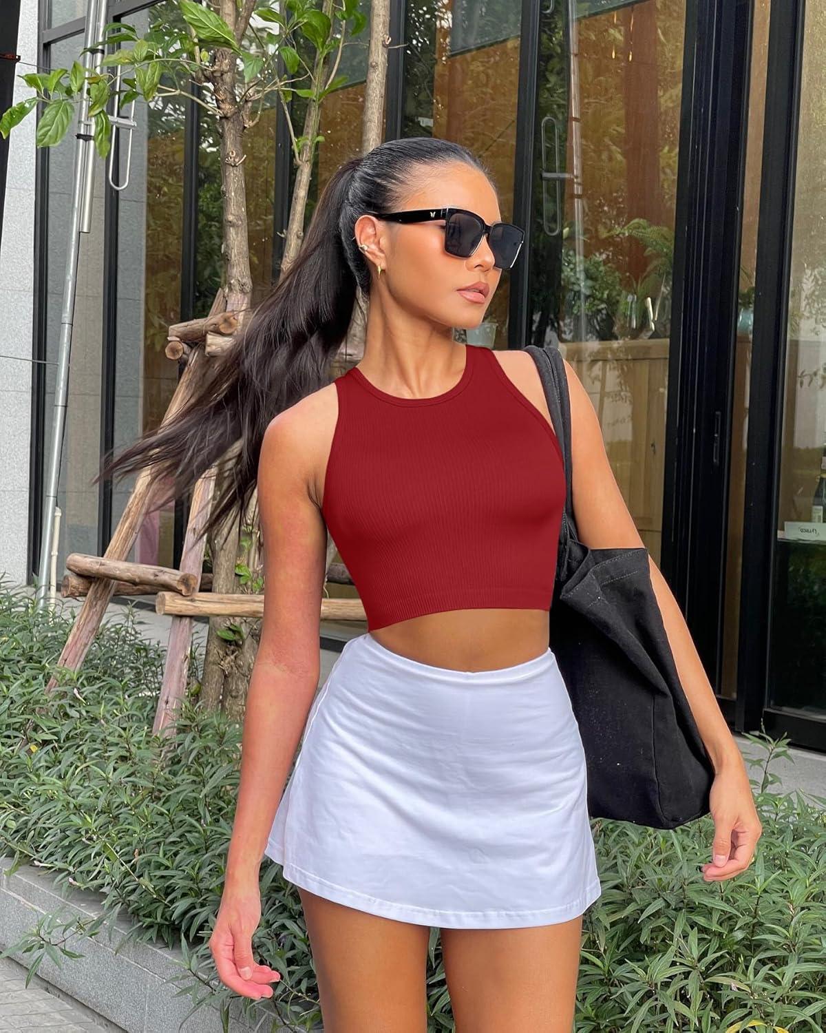 imageOLCHEE Womens 3 Pack Crop Tank Tops Basic Seamless Ribbed Round High Neck Racerback Workout Top Summer Causal Yoga Gym ShirtsBlack Beige Red