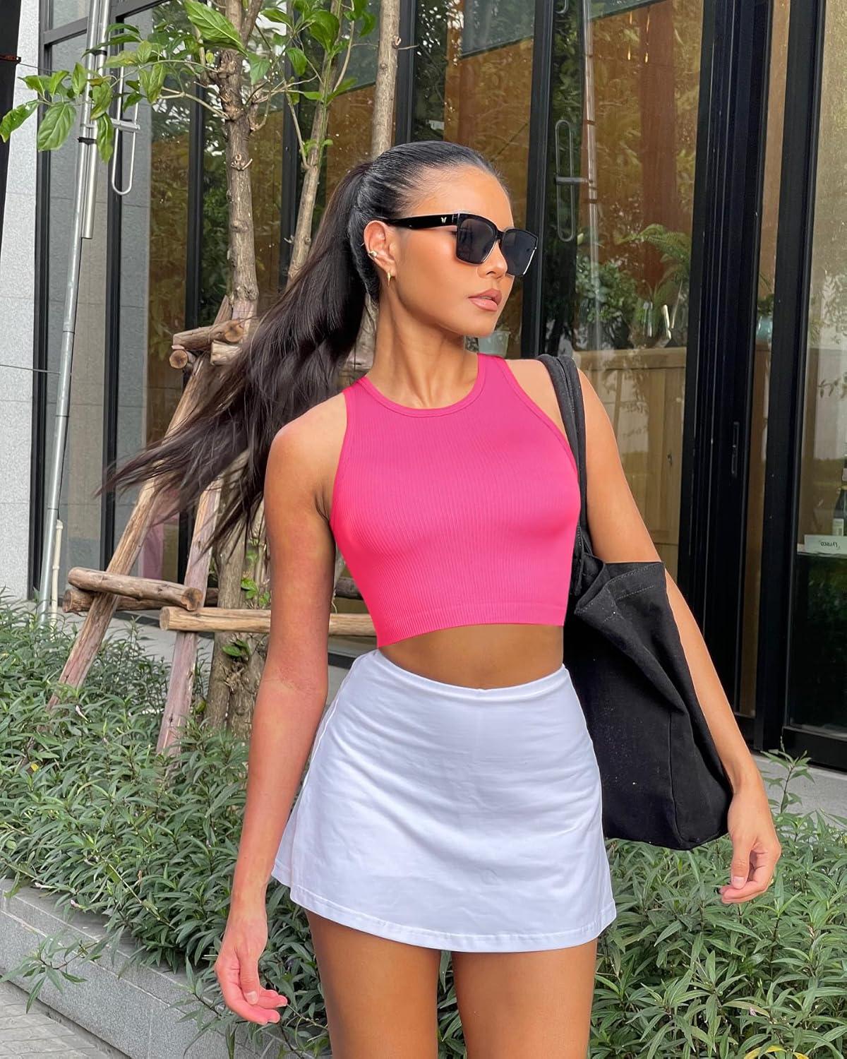 imageOLCHEE Womens 3 Pack Crop Tank Tops Basic Seamless Ribbed Round High Neck Racerback Workout Top Summer Causal Yoga Gym ShirtsBlack Beige Rose