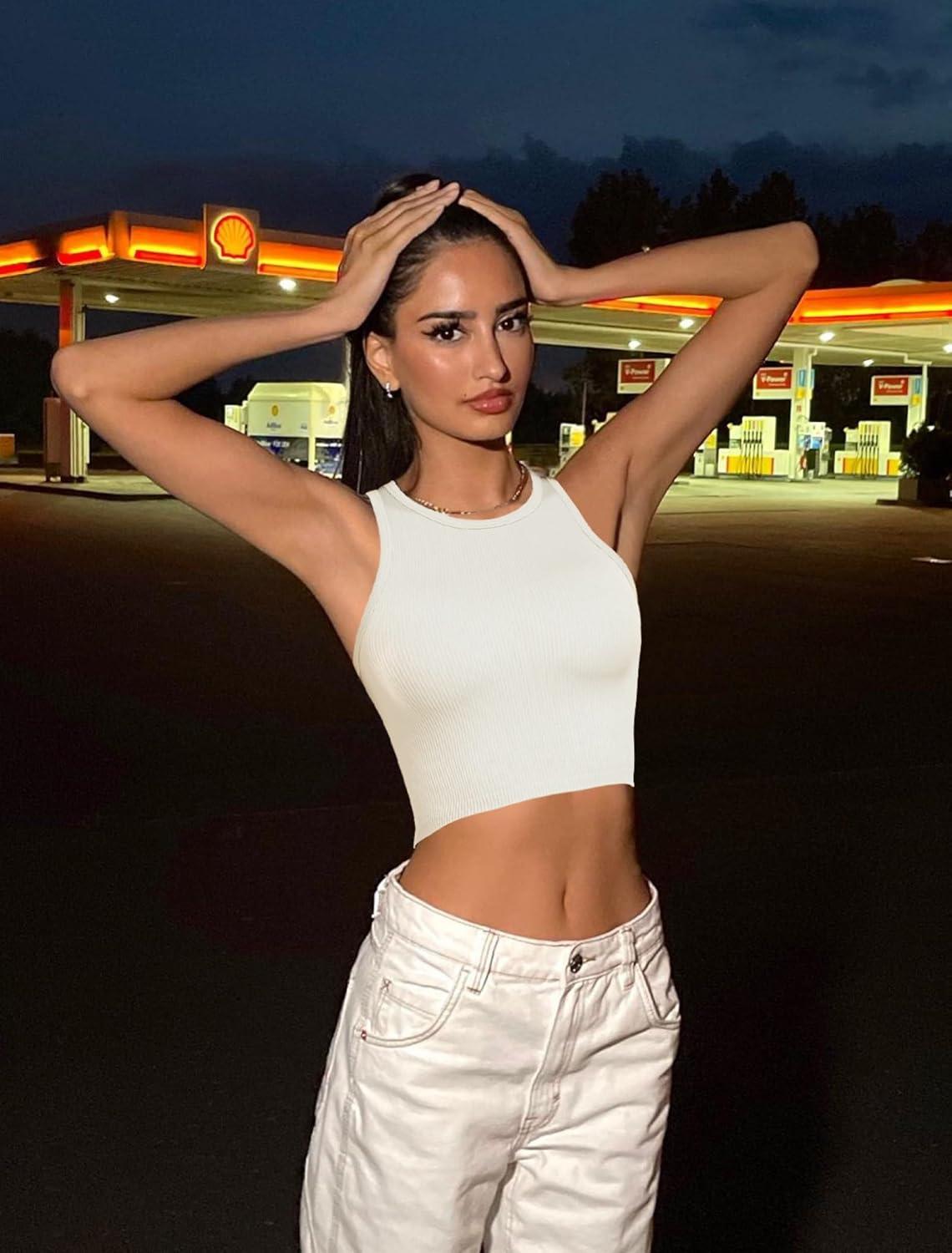 imageOLCHEE Womens 3 Pack Crop Tank Tops Basic Seamless Ribbed Round High Neck Racerback Workout Top Summer Causal Yoga Gym ShirtsBlack Beige Royal Blue