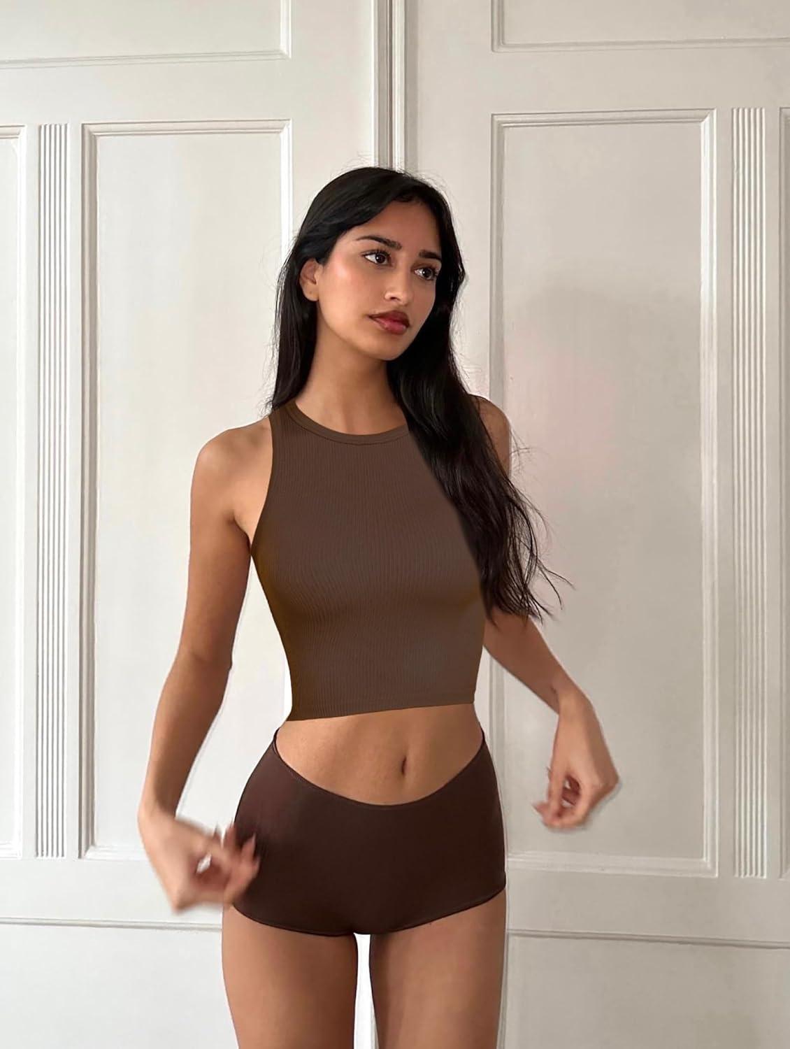 imageOLCHEE Womens 3 Pack Crop Tank Tops Basic Seamless Ribbed Round High Neck Racerback Workout Top Summer Causal Yoga Gym ShirtsBlack Brown Beige