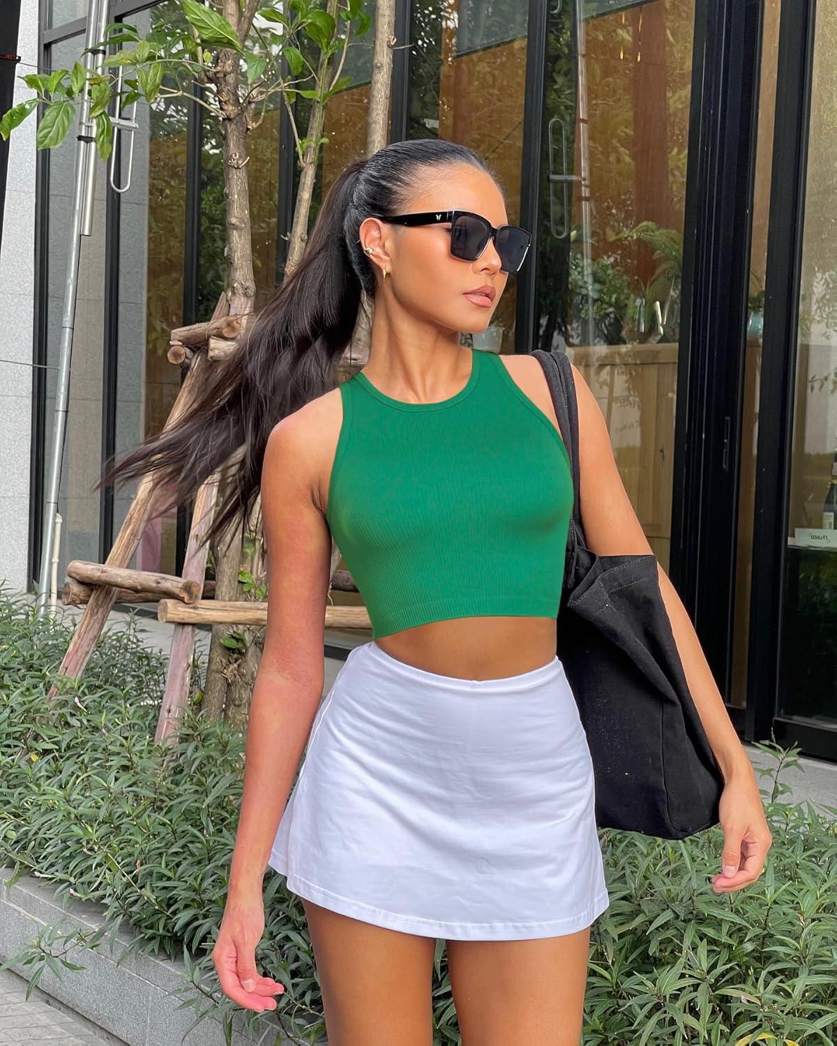 imageOLCHEE Womens 3 Pack Crop Tank Tops Basic Seamless Ribbed Round High Neck Racerback Workout Top Summer Causal Yoga Gym ShirtsBlack Brown Grass Green