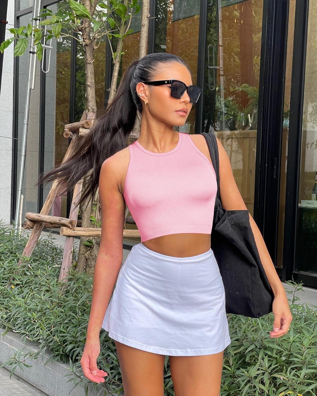 imageOLCHEE Womens 3 Pack Crop Tank Tops Basic Seamless Ribbed Round High Neck Racerback Workout Top Summer Causal Yoga Gym ShirtsBlack Khaki Pink