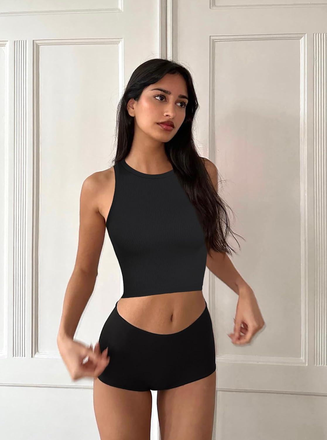 imageOLCHEE Womens 3 Pack Crop Tank Tops Basic Seamless Ribbed Round High Neck Racerback Workout Top Summer Causal Yoga Gym ShirtsBlack Khaki Pink