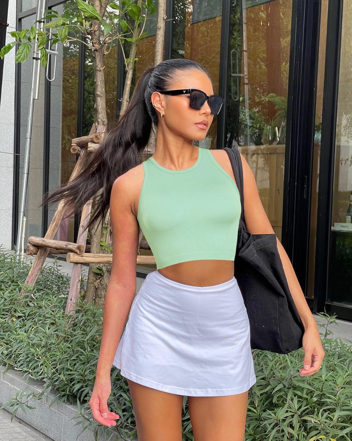 imageOLCHEE Womens 3 Pack Crop Tank Tops Basic Seamless Ribbed Round High Neck Racerback Workout Top Summer Causal Yoga Gym ShirtsBlack Light Grey Olive Green