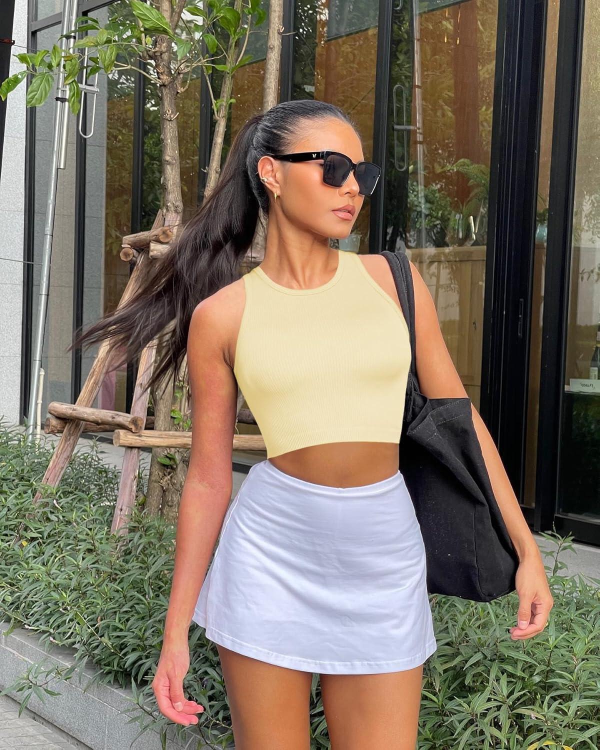 imageOLCHEE Womens 3 Pack Crop Tank Tops Basic Seamless Ribbed Round High Neck Racerback Workout Top Summer Causal Yoga Gym ShirtsBlue Beige Yellow