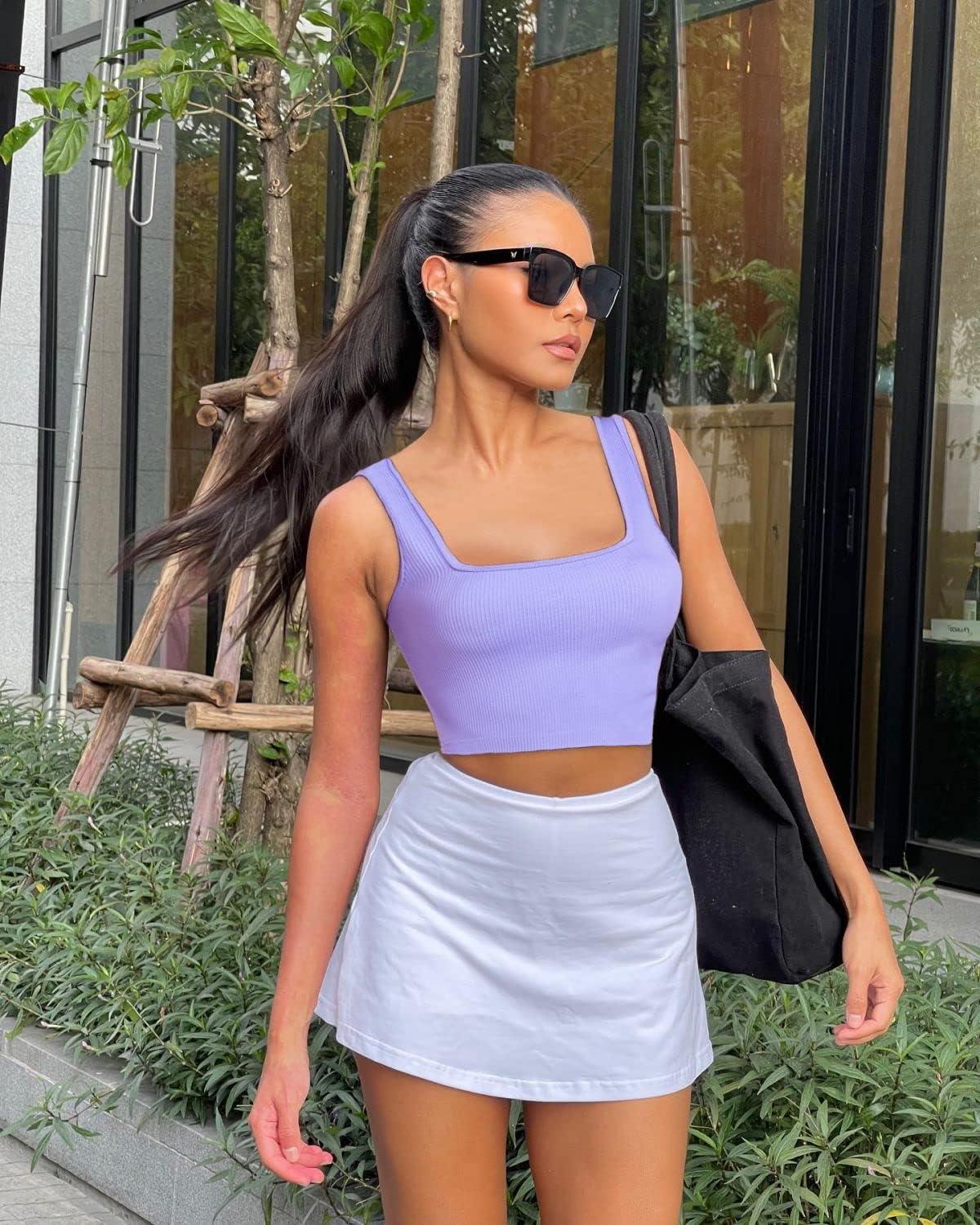 imageOLCHEE Womens 3 Pack Crop Tank Tops Basic Seamless Ribbed Sleeveless Square Neck Workout Top Summer Exercise Yoga Gym ShirtsBeige Light Blue Lavender