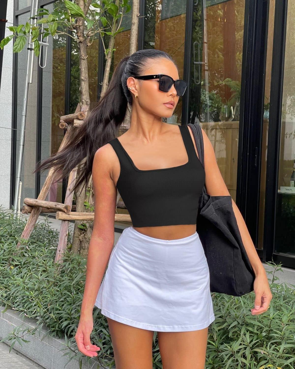 imageOLCHEE Womens 3 Pack Crop Tank Tops Basic Seamless Ribbed Sleeveless Square Neck Workout Top Summer Exercise Yoga Gym ShirtsBlack Brown Beige