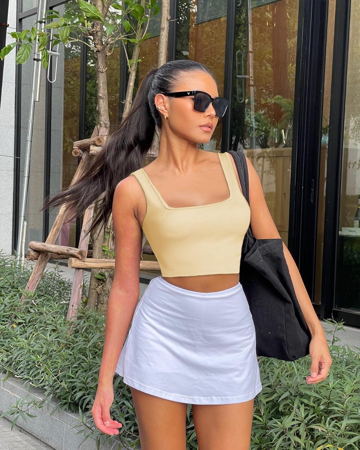 imageOLCHEE Womens 3 Pack Crop Tank Tops Basic Seamless Ribbed Sleeveless Square Neck Workout Top Summer Exercise Yoga Gym ShirtsBlue Beige Yellow