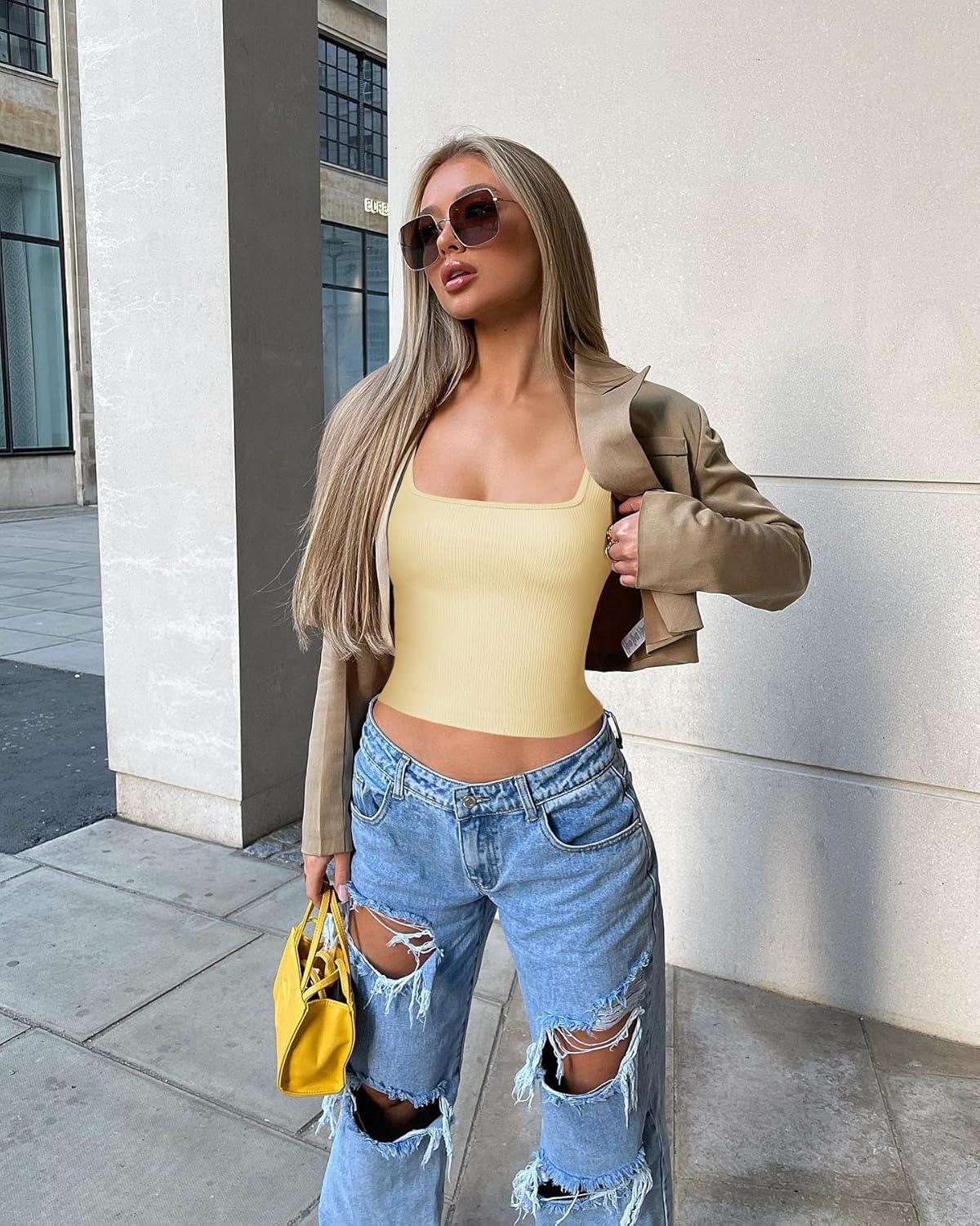 imageOLCHEE Womens 3 Pack Crop Tank Tops Basic Seamless Ribbed Sleeveless Square Neck Workout Top Summer Exercise Yoga Gym ShirtsBlue Beige Yellow