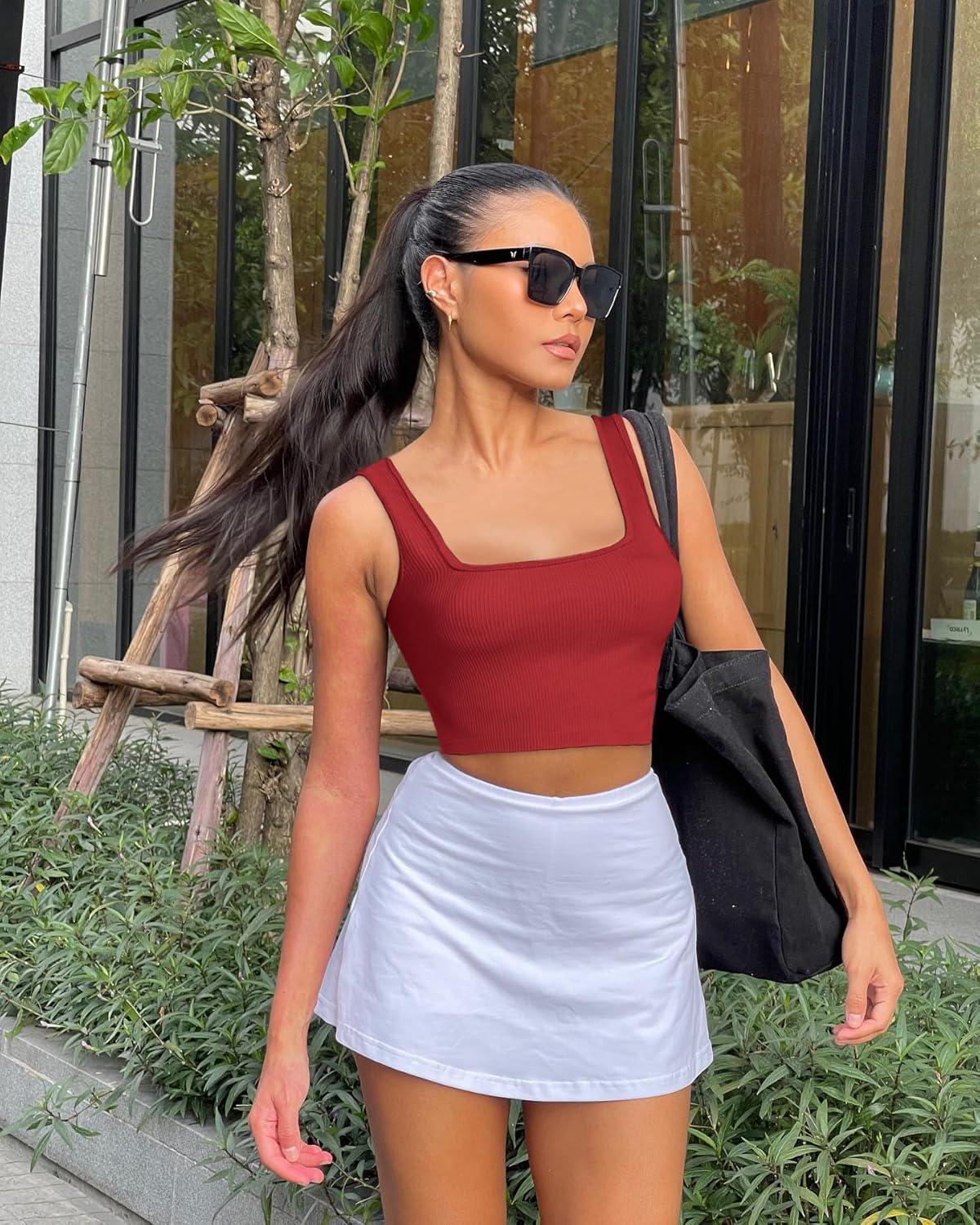 imageOLCHEE Womens 3 Pack Crop Tank Tops Basic Seamless Ribbed Sleeveless Square Neck Workout Top Summer Exercise Yoga Gym ShirtsNavy Beige Red