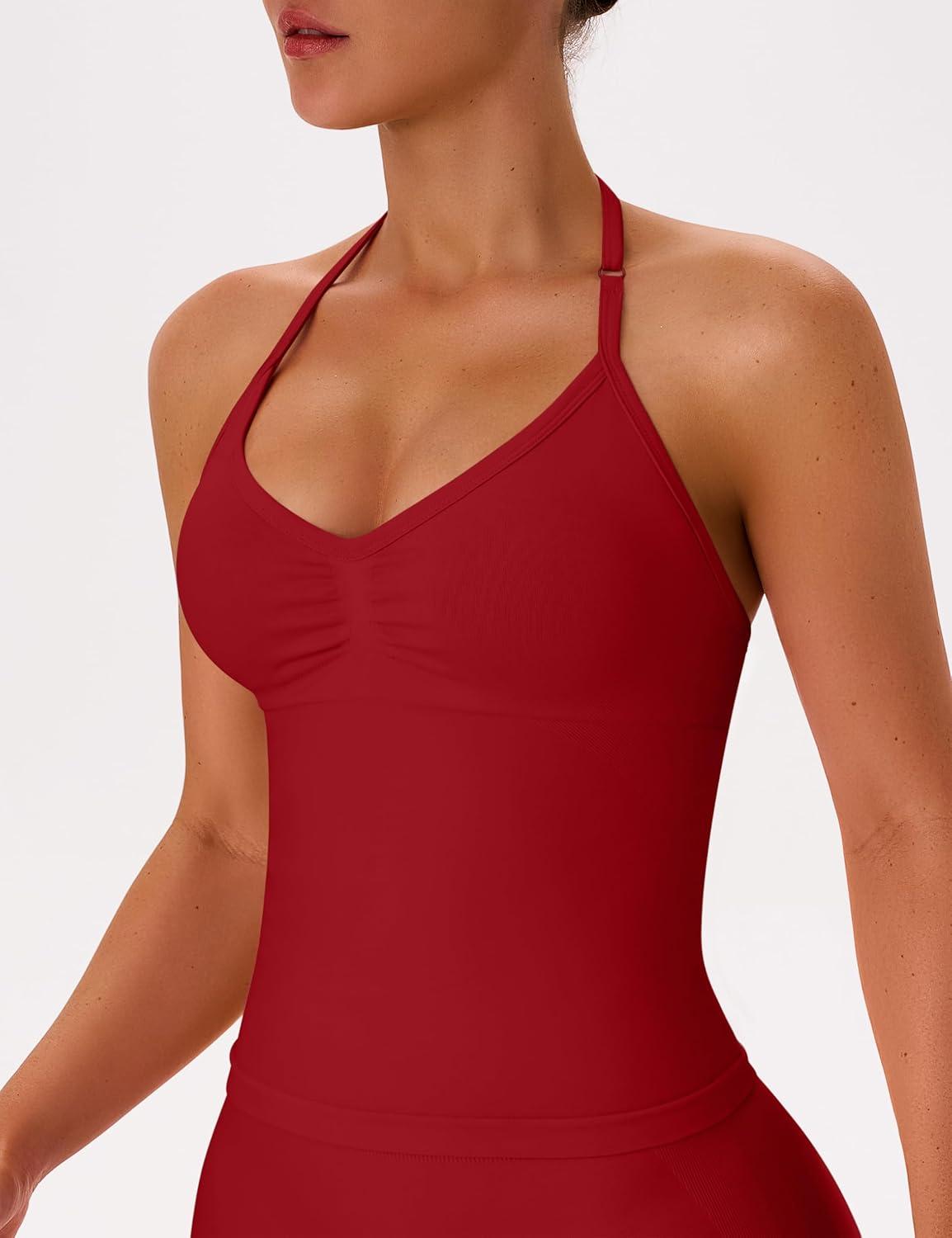 imageOLCHEE Womens Halter Tank Tops V Neck Impact Backless Longline Strappy Adjustable Gym Workout Top PaddedBlack Red