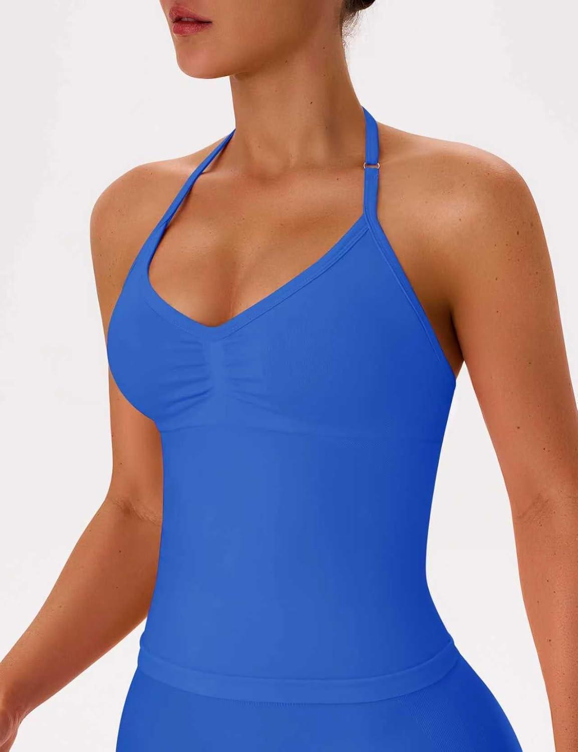 imageOLCHEE Womens Halter Tank Tops V Neck Impact Backless Longline Strappy Adjustable Gym Workout Top PaddedBlue Dark Grey