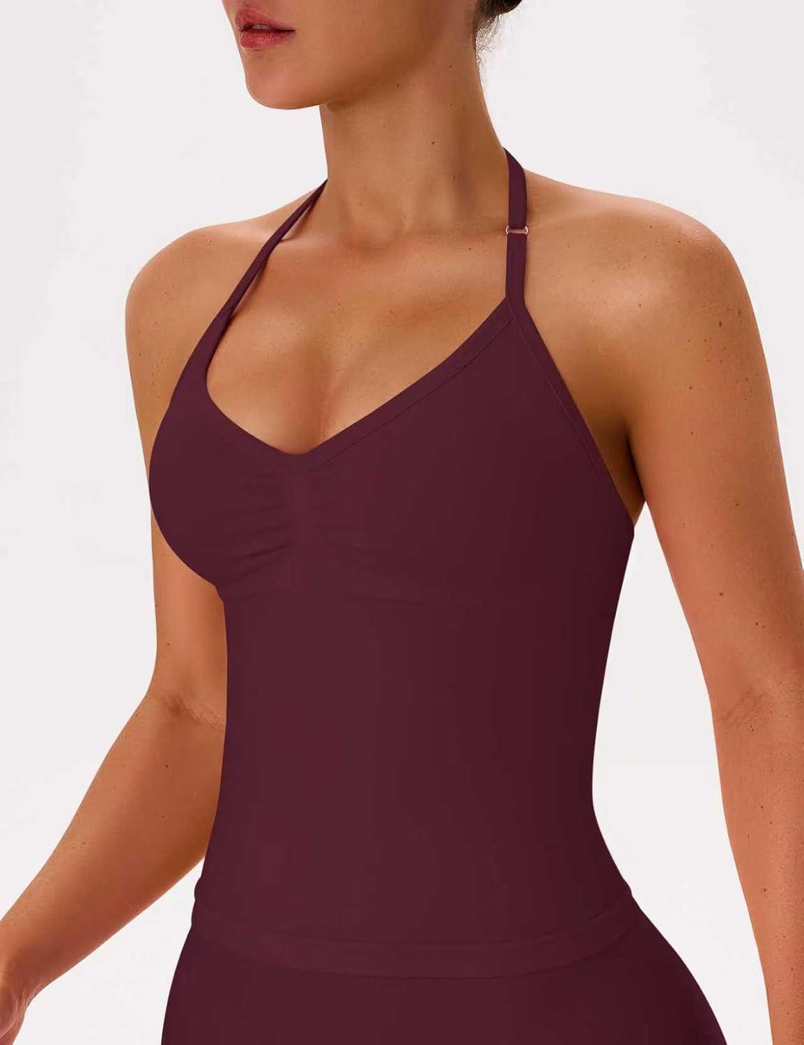 imageOLCHEE Womens Halter Tank Tops V Neck Impact Backless Longline Strappy Adjustable Gym Workout Top PaddedBrown Burgundy