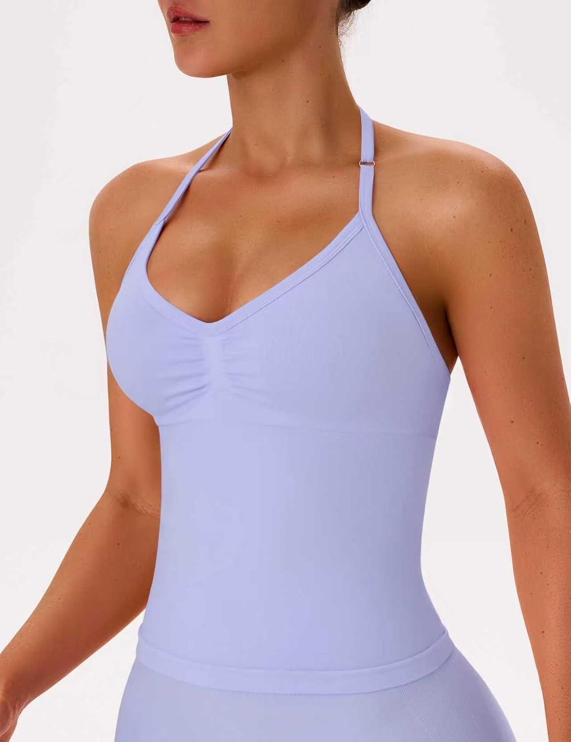 imageOLCHEE Womens Halter Tank Tops V Neck Impact Backless Longline Strappy Adjustable Gym Workout Top PaddedLight Blue Lavender