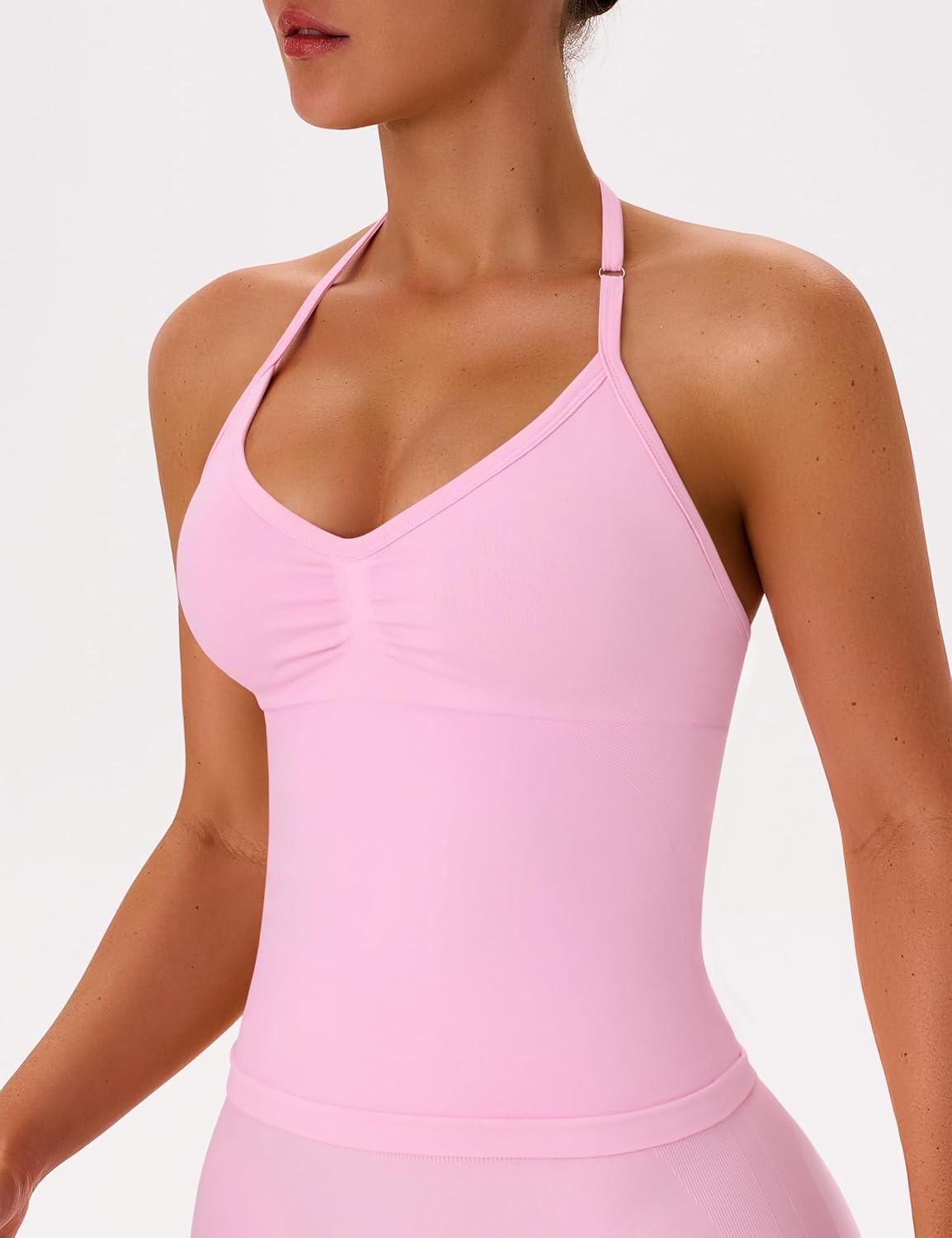 imageOLCHEE Womens Halter Tank Tops V Neck Impact Backless Longline Strappy Adjustable Gym Workout Top PaddedNavy Light Pink