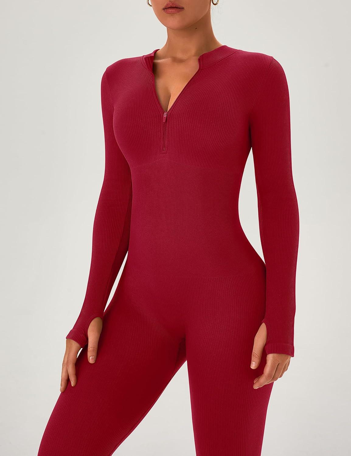 imageOLCHEE Womens Long Sleeve Workout Jumpsuit Seamless Ribbed Tummy Control Yoga Bodycon Zip Up One Piece Unitard Sculpt RompersCherry Red