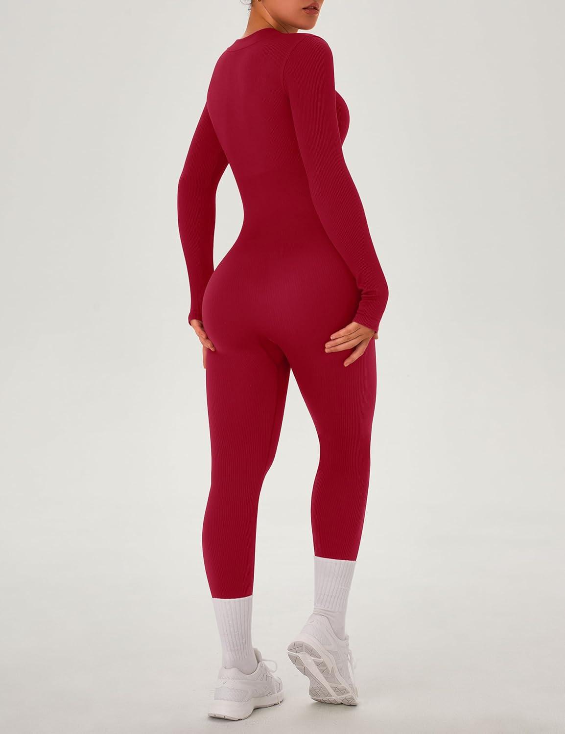 imageOLCHEE Womens Long Sleeve Workout Jumpsuit Seamless Ribbed Tummy Control Yoga Bodycon Zip Up One Piece Unitard Sculpt RompersCherry Red