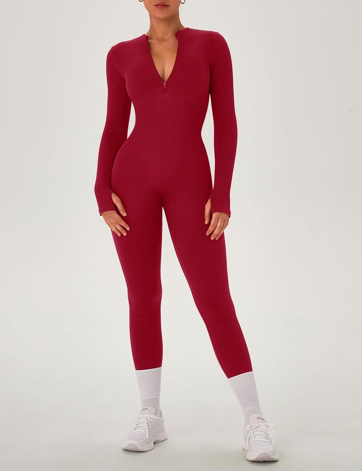 imageOLCHEE Womens Long Sleeve Workout Jumpsuit Seamless Ribbed Tummy Control Yoga Bodycon Zip Up One Piece Unitard Sculpt RompersCherry Red