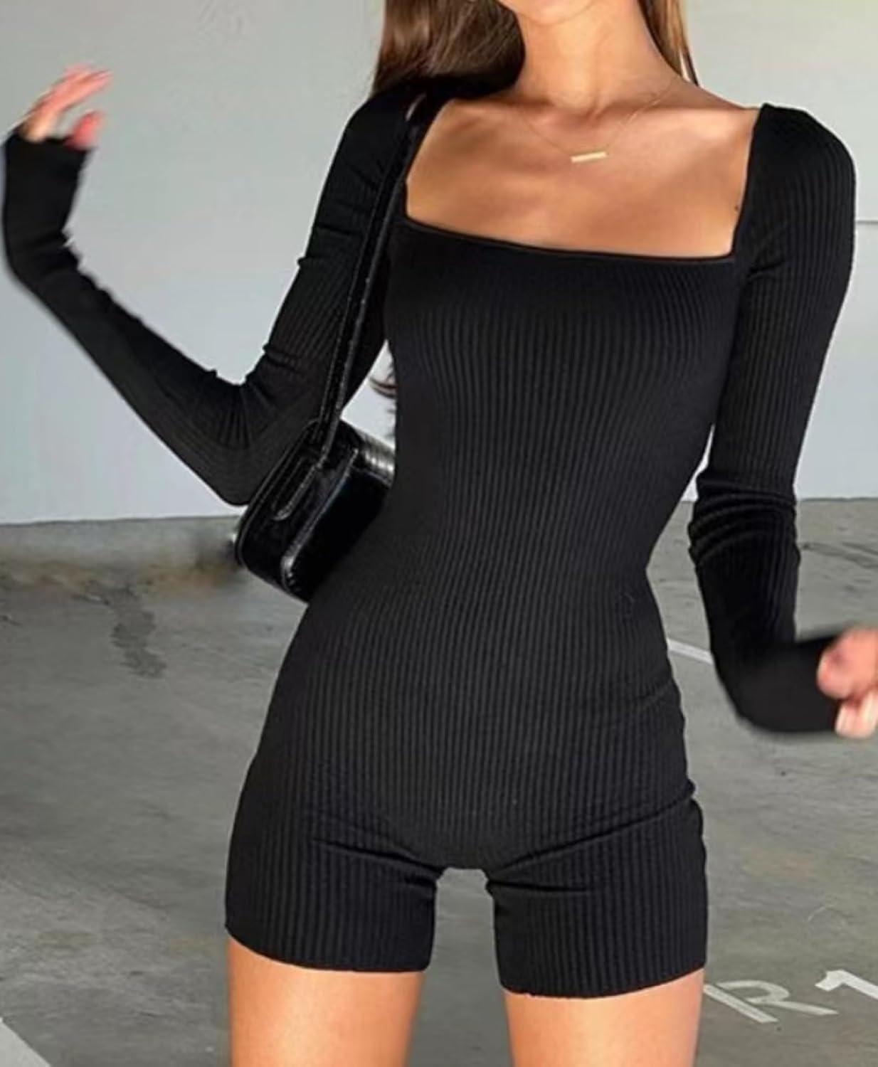 imageOLCHEE Womens Long Sleeve Workout Jumpsuit Square Neck Ribbed Seamless Yoga Romper Sexy Bodycon Tummy Control Unitard OnesieShorts Black