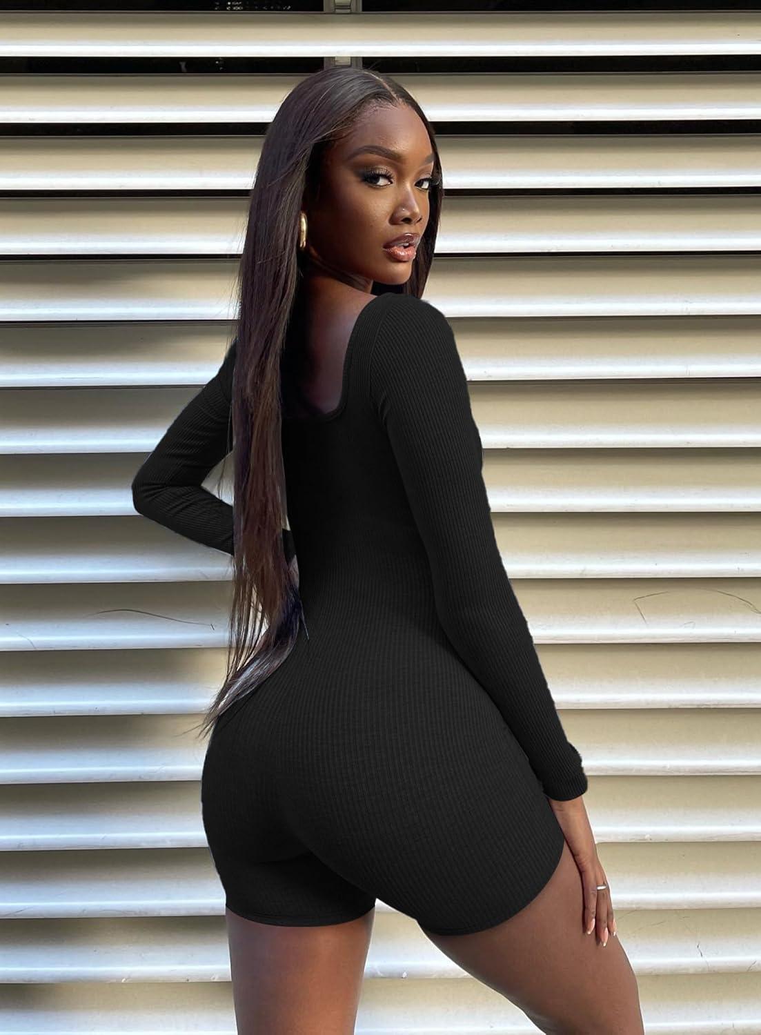 imageOLCHEE Womens Long Sleeve Workout Jumpsuit Square Neck Ribbed Seamless Yoga Romper Sexy Bodycon Tummy Control Unitard OnesieShorts Black