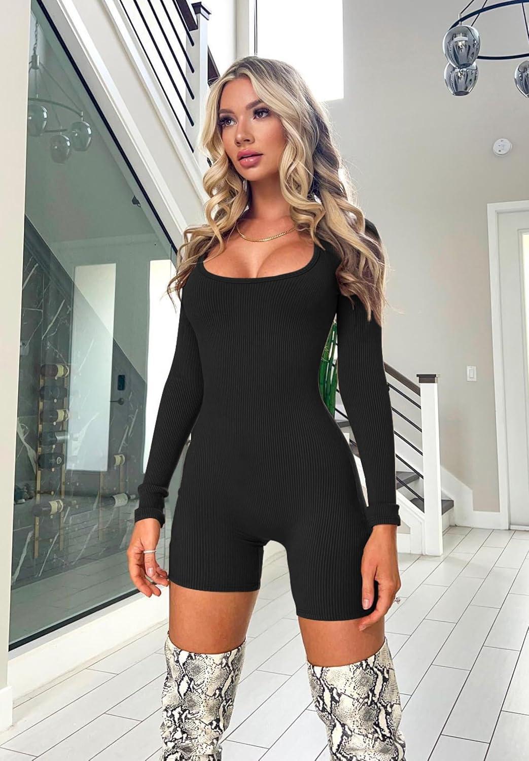 imageOLCHEE Womens Long Sleeve Workout Jumpsuit Square Neck Ribbed Seamless Yoga Romper Sexy Bodycon Tummy Control Unitard OnesieShorts Black