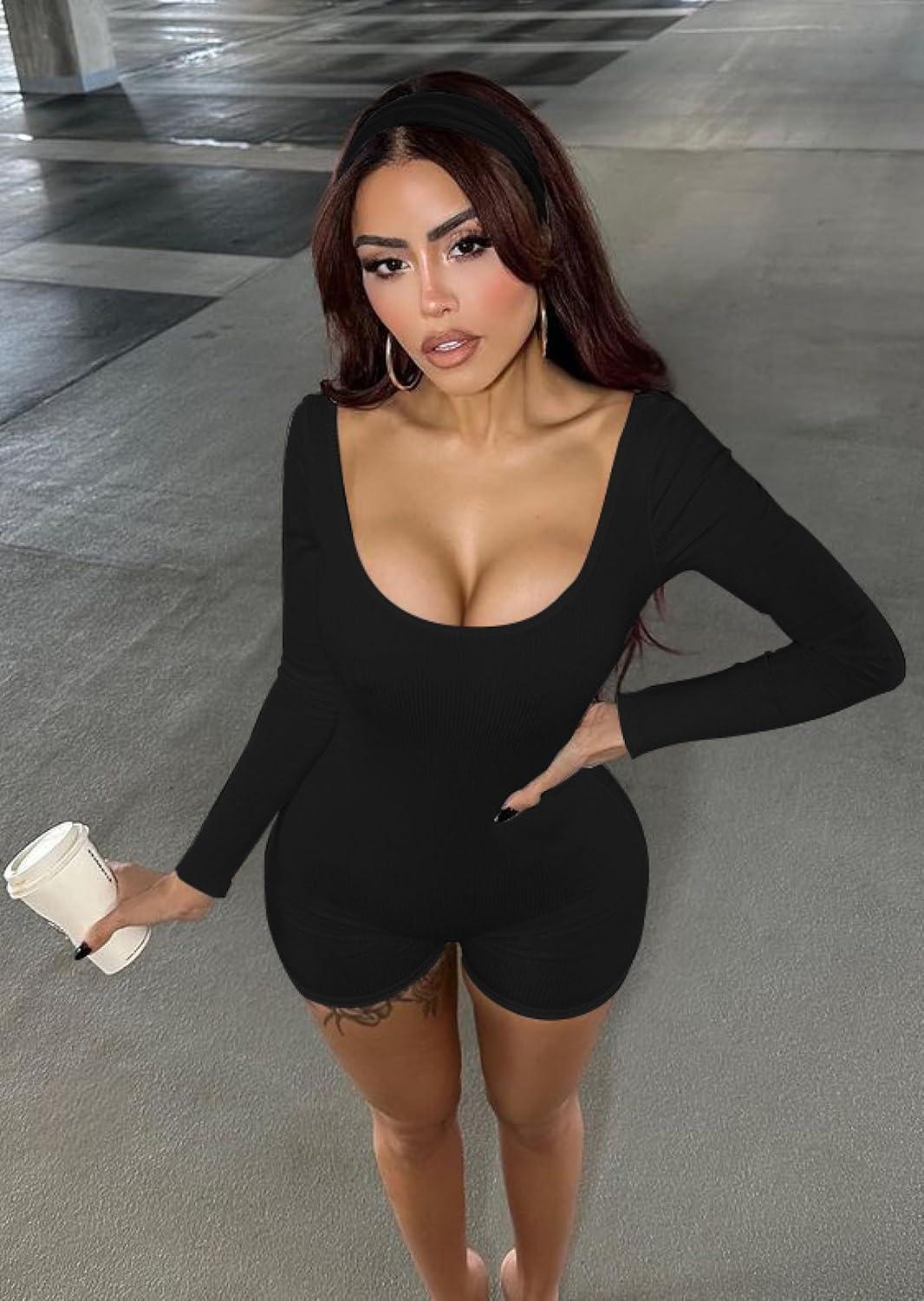 imageOLCHEE Womens Long Sleeve Workout Jumpsuit Square Neck Ribbed Seamless Yoga Romper Sexy Bodycon Tummy Control Unitard OnesieShorts Black