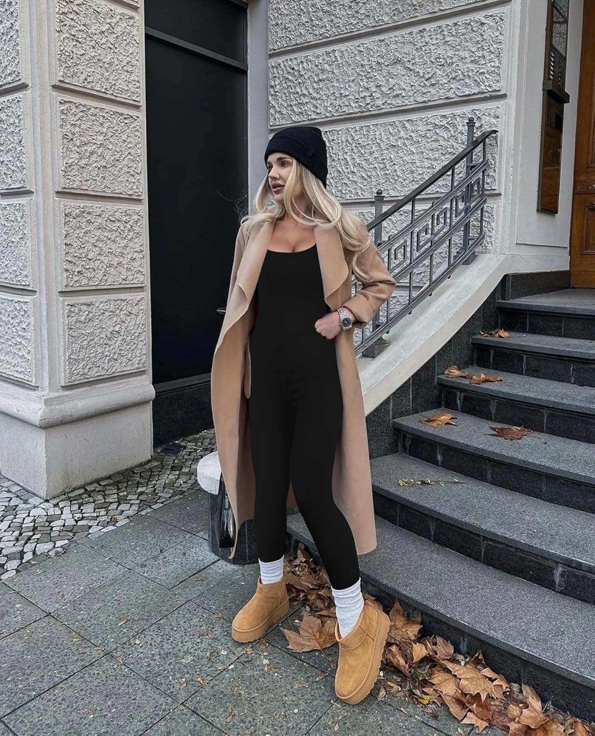 imageOLCHEE Womens Long Sleeve Workout Jumpsuit Square Neck Ribbed Seamless Yoga Romper Sexy Bodycon Tummy Control Unitard OnesieThumb Hole Black