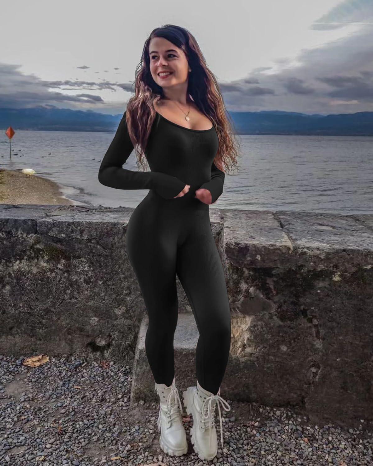 imageOLCHEE Womens Long Sleeve Workout Jumpsuit Square Neck Ribbed Seamless Yoga Romper Sexy Bodycon Tummy Control Unitard OnesieThumb Hole Black