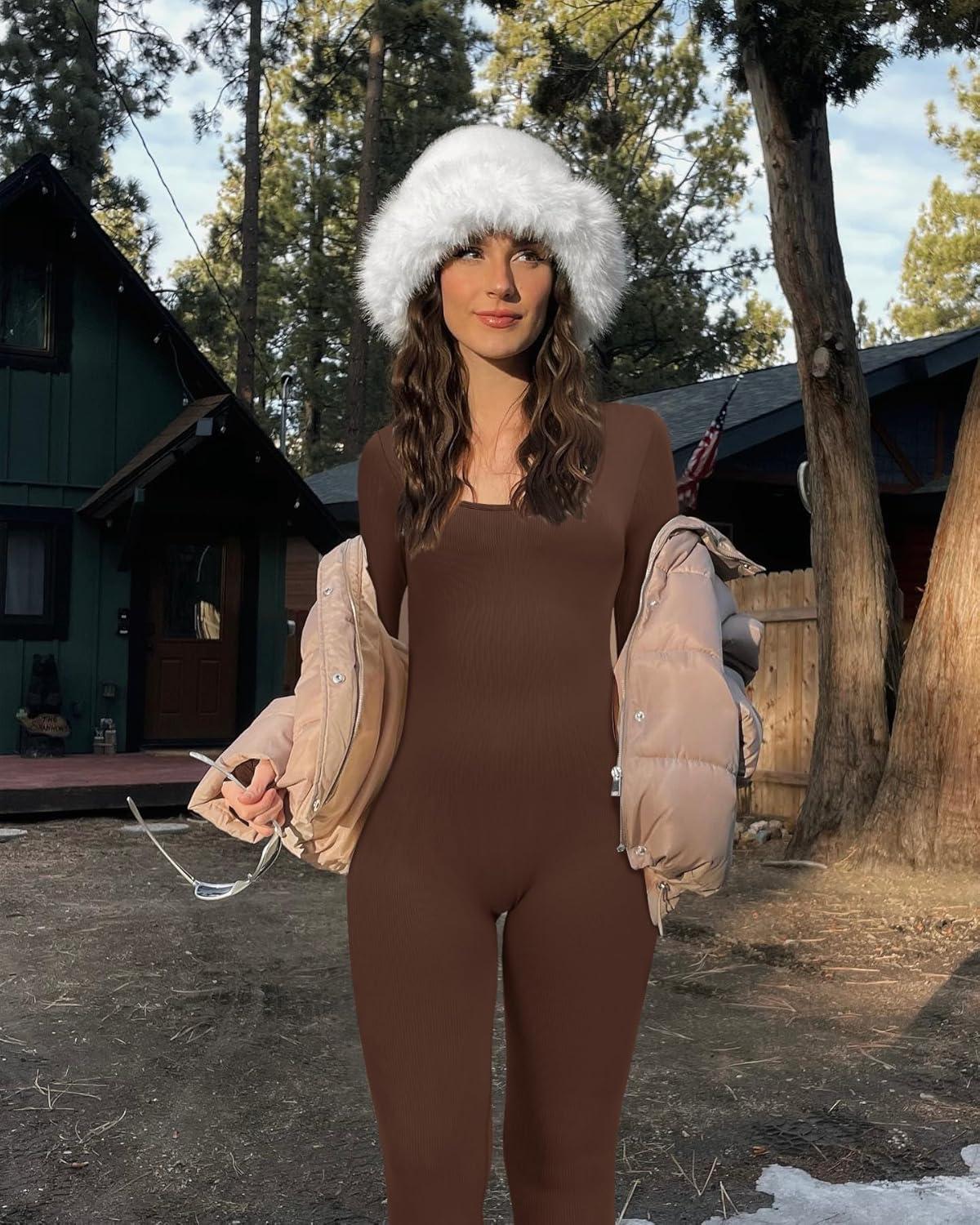 imageOLCHEE Womens Long Sleeve Workout Jumpsuit Square Neck Ribbed Seamless Yoga Romper Sexy Bodycon Tummy Control Unitard OnesieThumb Hole Brown