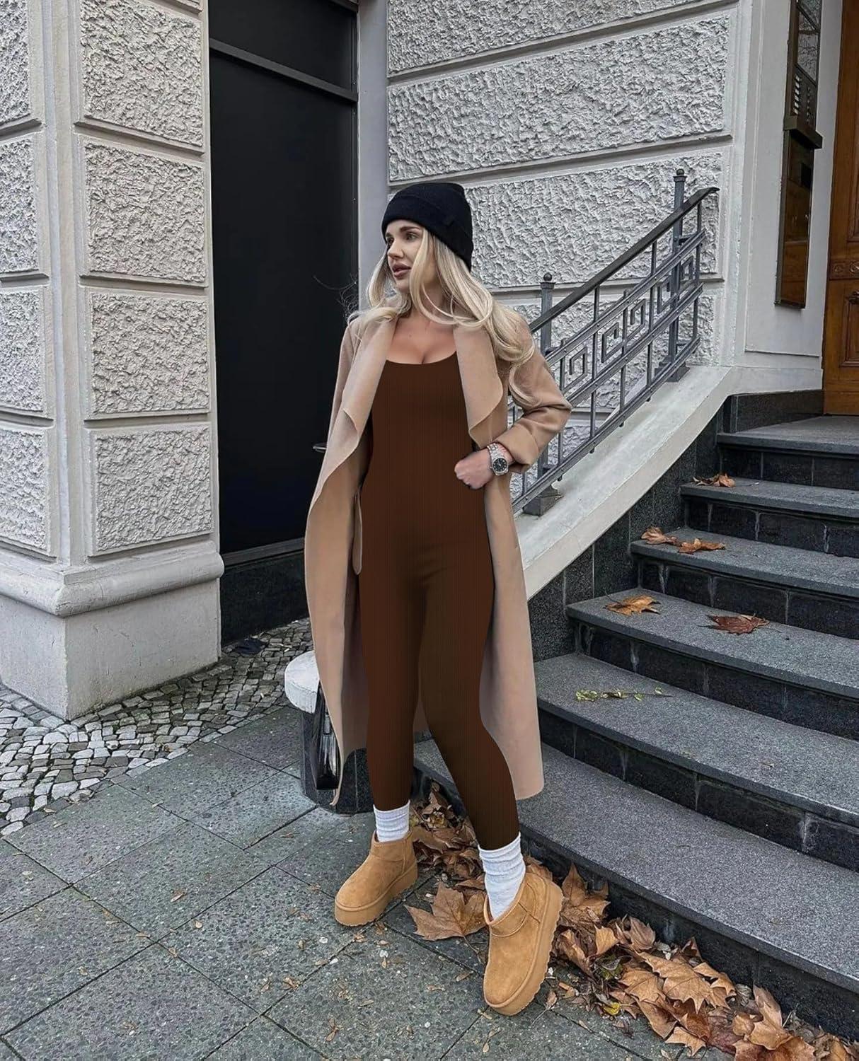 imageOLCHEE Womens Long Sleeve Workout Jumpsuit Square Neck Ribbed Seamless Yoga Romper Sexy Bodycon Tummy Control Unitard OnesieThumb Hole Brown