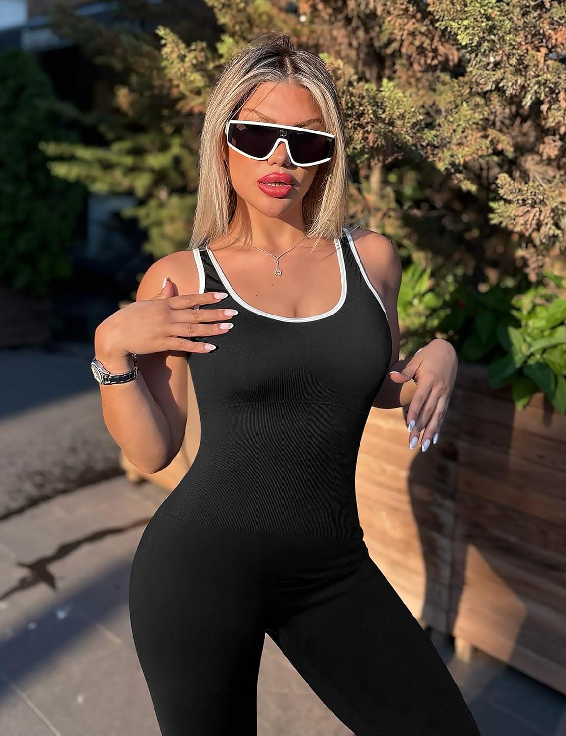 imageOLCHEE Womens Workout Jumpsuits Seamless Yoga Gym Bodycon Rompers Sexy Racerback Tummy Control Padded Bra UnitardContrast Trim Black