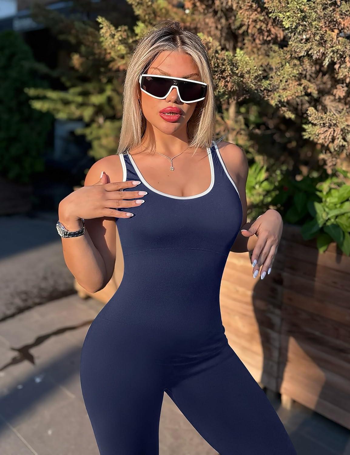 imageOLCHEE Womens Workout Jumpsuits Seamless Yoga Gym Bodycon Rompers Sexy Racerback Tummy Control Padded Bra UnitardContrast Trim Navy