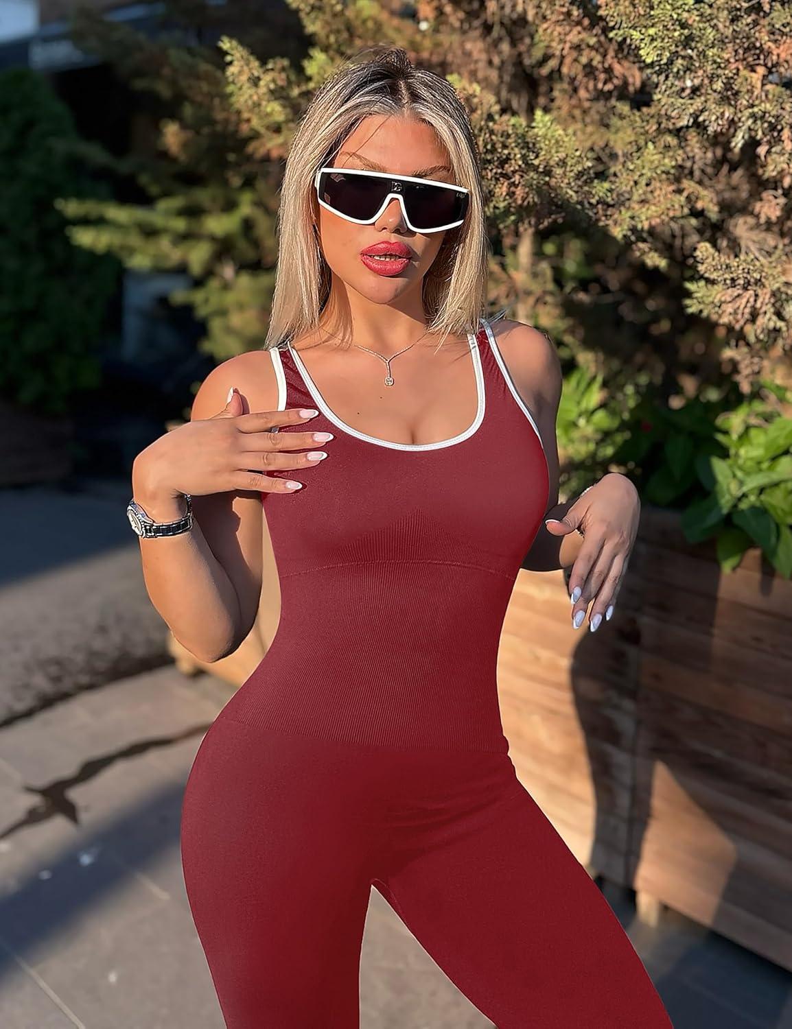 imageOLCHEE Womens Workout Jumpsuits Seamless Yoga Gym Bodycon Rompers Sexy Racerback Tummy Control Padded Bra UnitardContrast Trim Red