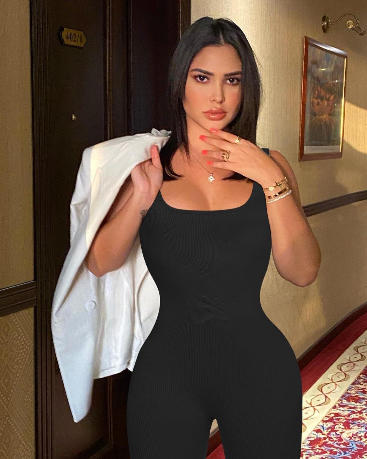 imageOLCHEE Womens Workout Rompers Jumpsuits Seamless Ribbed Yoga Gym One Piece Sleeveless Square Neck Tank Top Leggings UnitardBlack