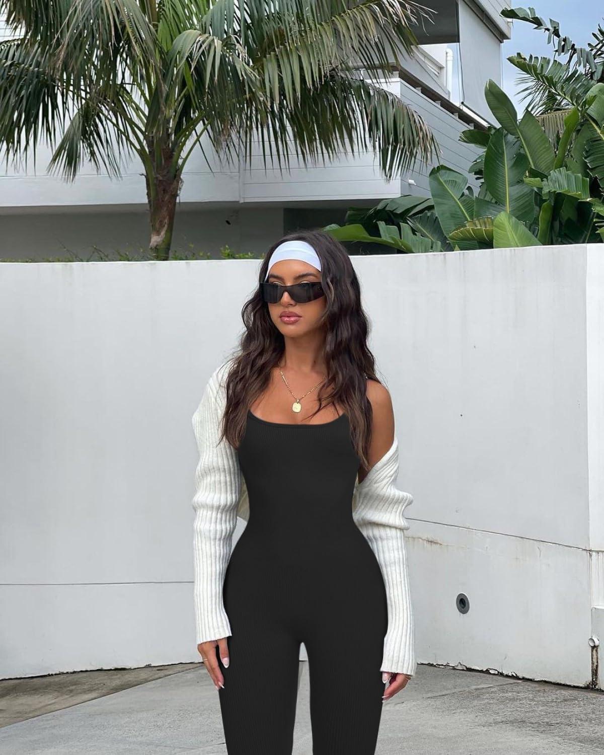 imageOLCHEE Womens Workout Rompers Jumpsuits Seamless Ribbed Yoga Gym One Piece Sleeveless Square Neck Tank Top Leggings UnitardBlack