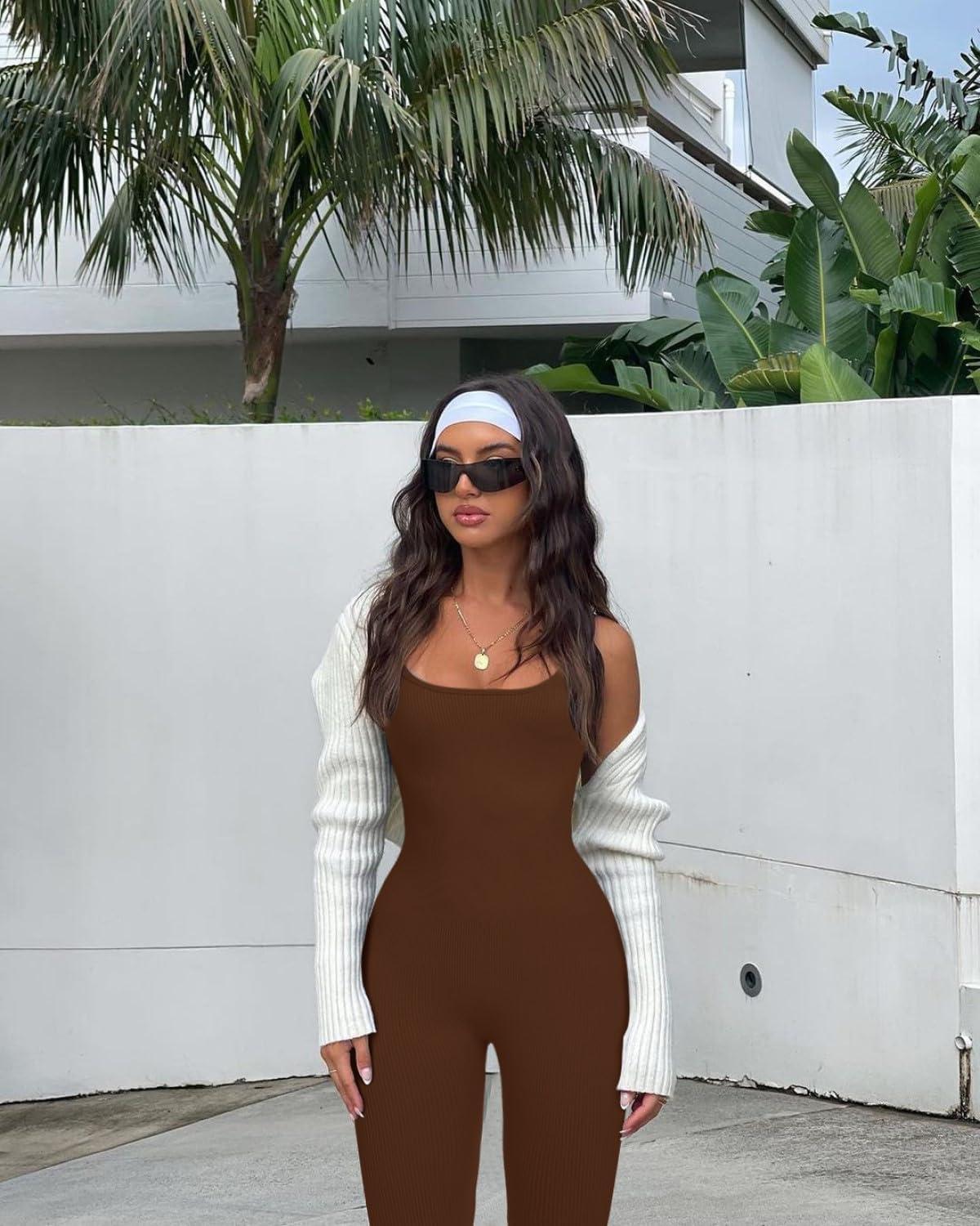 imageOLCHEE Womens Workout Rompers Jumpsuits Seamless Ribbed Yoga Gym One Piece Sleeveless Square Neck Tank Top Leggings UnitardBrown