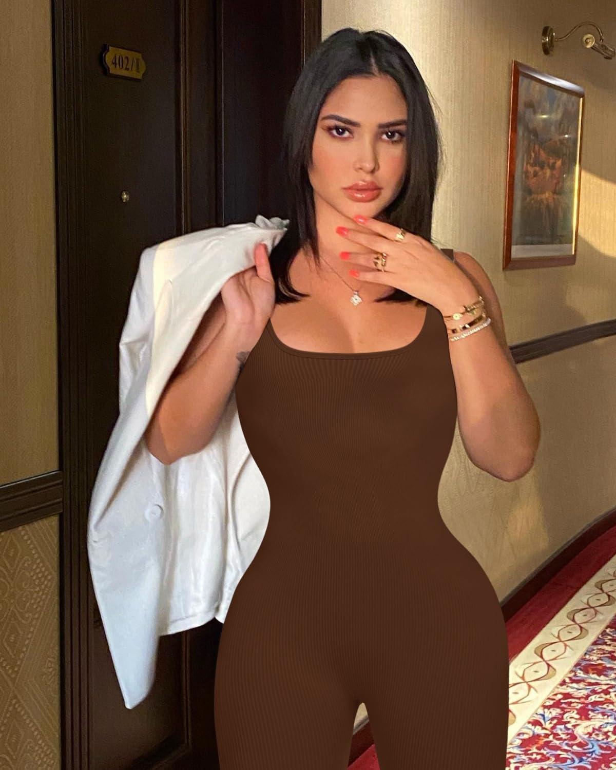 imageOLCHEE Womens Workout Rompers Jumpsuits Seamless Ribbed Yoga Gym One Piece Sleeveless Square Neck Tank Top Leggings UnitardBrown