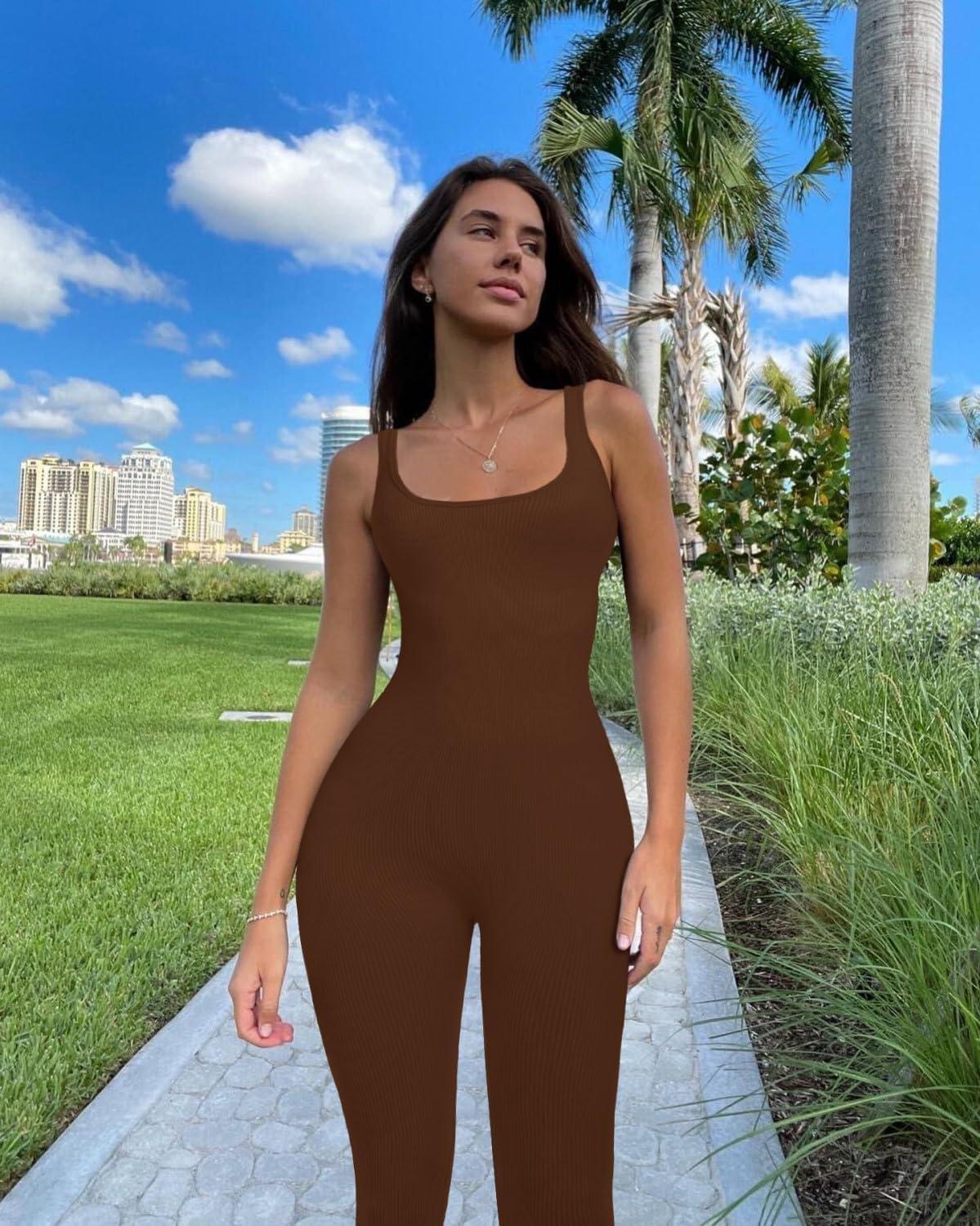 imageOLCHEE Womens Workout Rompers Jumpsuits Seamless Ribbed Yoga Gym One Piece Sleeveless Square Neck Tank Top Leggings UnitardBrown