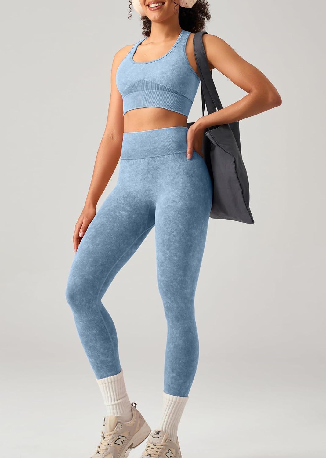 imageOLCHEE Womens Workout Sets 2 Piece Acid Wash Seamless Yoga Outfits High Waist Leggings Padded Racerback Sports Bra Gym SetBlue
