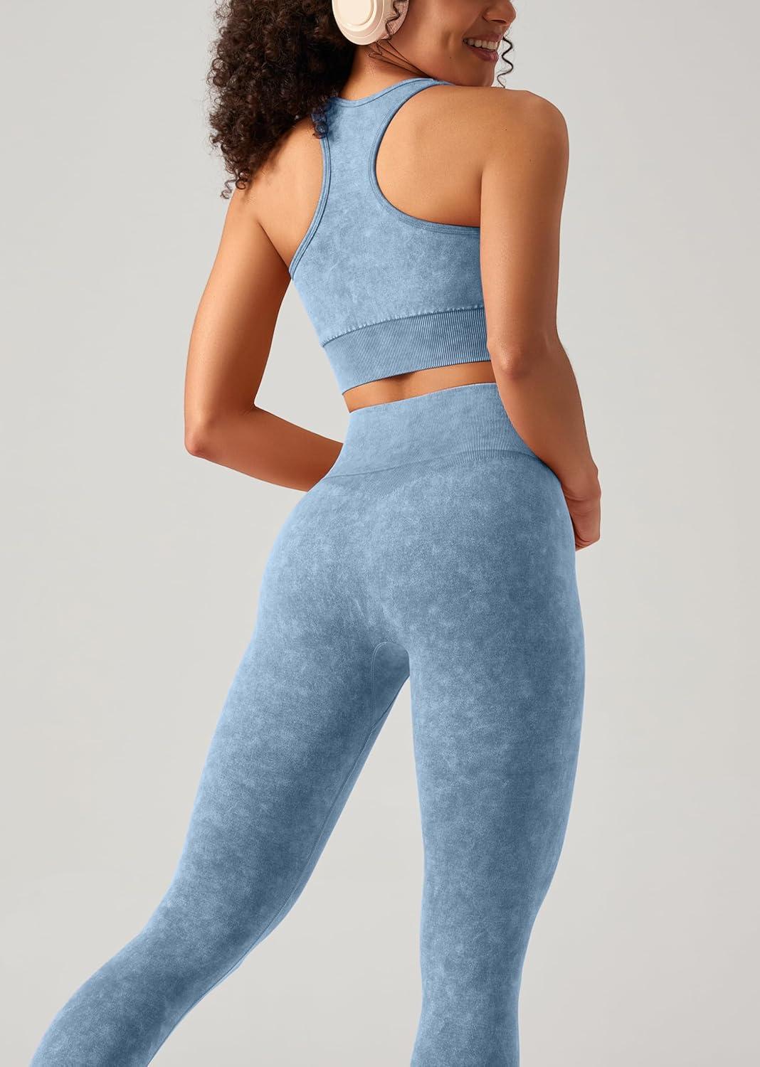 imageOLCHEE Womens Workout Sets 2 Piece Acid Wash Seamless Yoga Outfits High Waist Leggings Padded Racerback Sports Bra Gym SetBlue