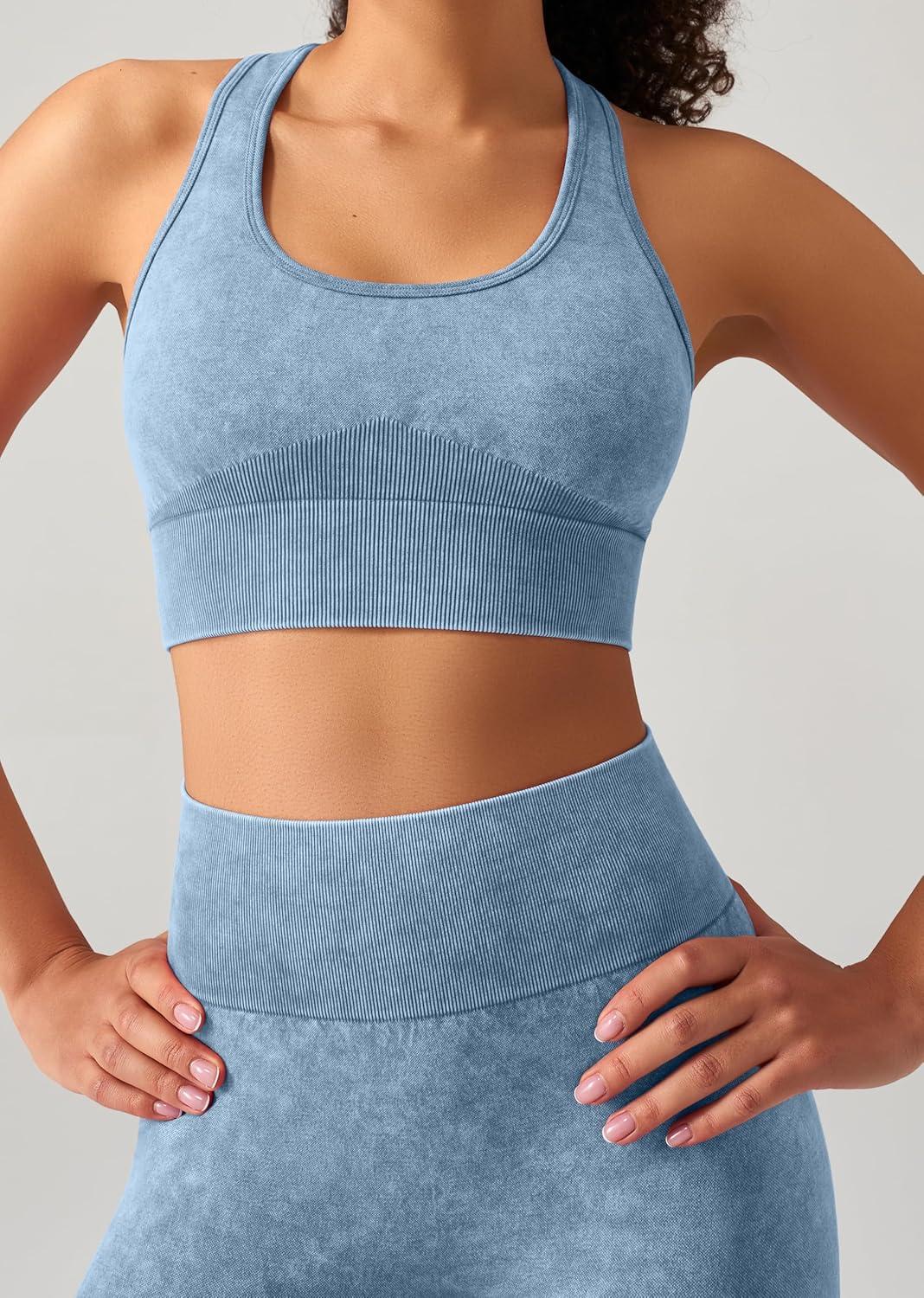 imageOLCHEE Womens Workout Sets 2 Piece Acid Wash Seamless Yoga Outfits High Waist Leggings Padded Racerback Sports Bra Gym SetBlue