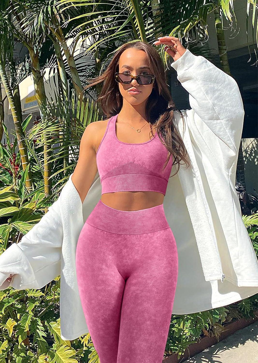 imageOLCHEE Womens Workout Sets 2 Piece Acid Wash Seamless Yoga Outfits High Waist Leggings Padded Racerback Sports Bra Gym SetPink