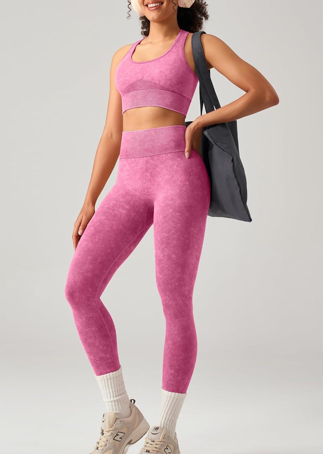 imageOLCHEE Womens Workout Sets 2 Piece Acid Wash Seamless Yoga Outfits High Waist Leggings Padded Racerback Sports Bra Gym SetPink