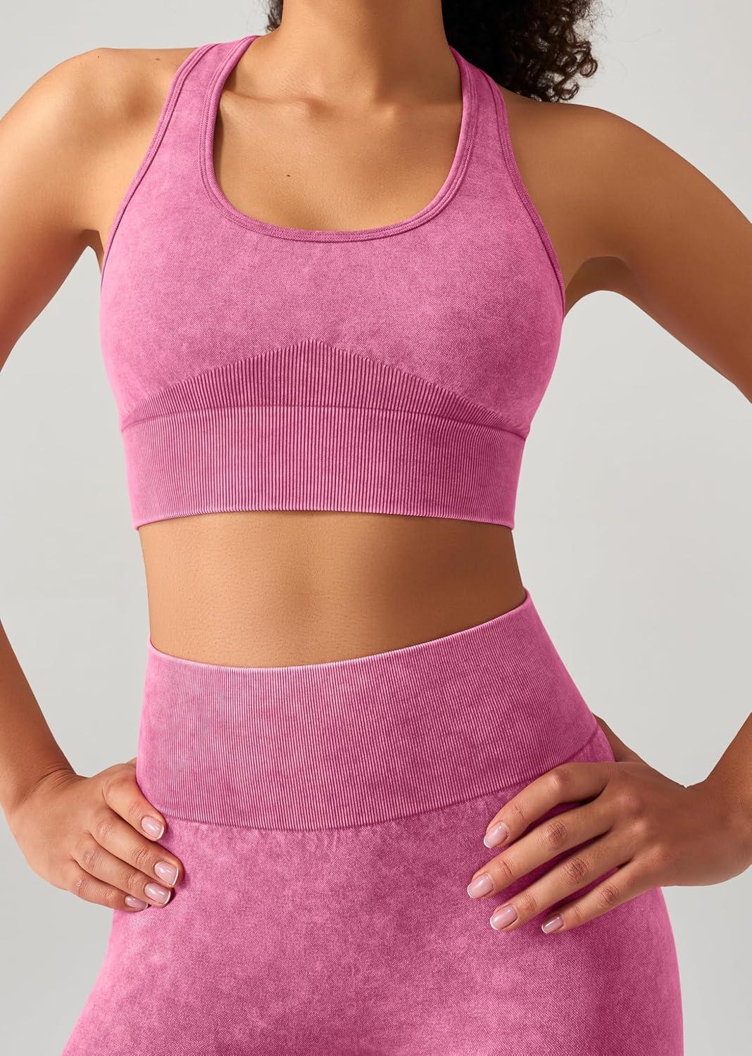 imageOLCHEE Womens Workout Sets 2 Piece Acid Wash Seamless Yoga Outfits High Waist Leggings Padded Racerback Sports Bra Gym SetPink