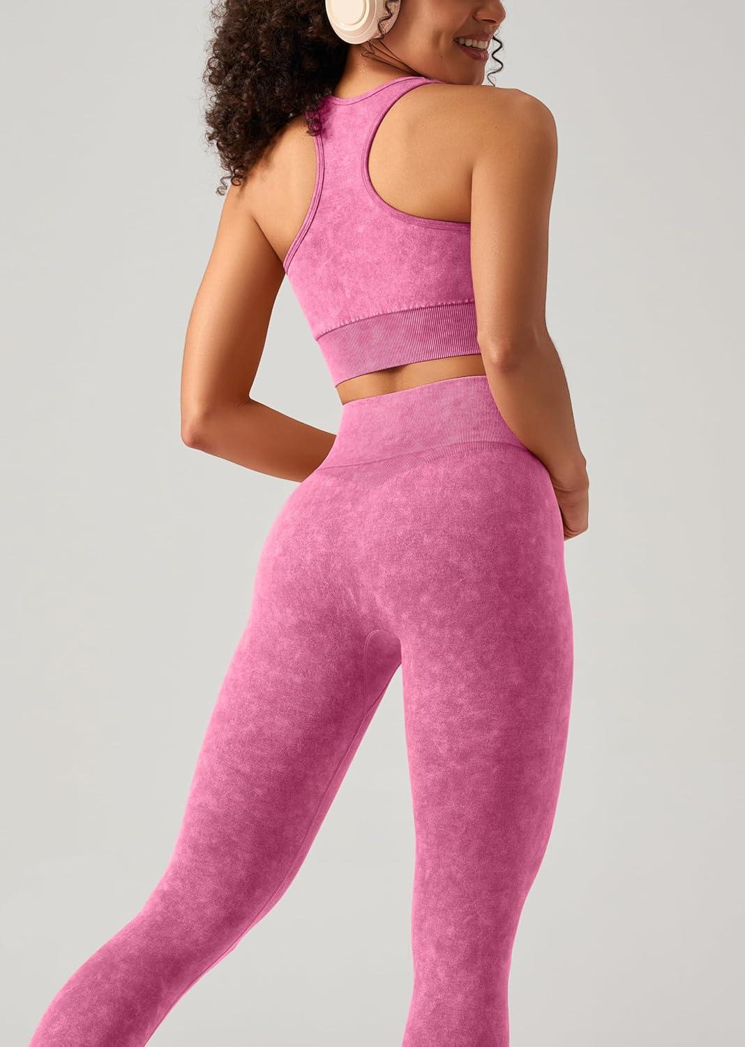 imageOLCHEE Womens Workout Sets 2 Piece Acid Wash Seamless Yoga Outfits High Waist Leggings Padded Racerback Sports Bra Gym SetPink