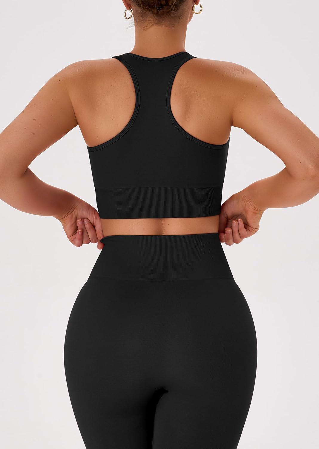 imageOLCHEE Womens Workout Sets 2 Piece Acid Wash Seamless Yoga Outfits High Waist Leggings Padded Racerback Sports Bra Gym SetSolid Black